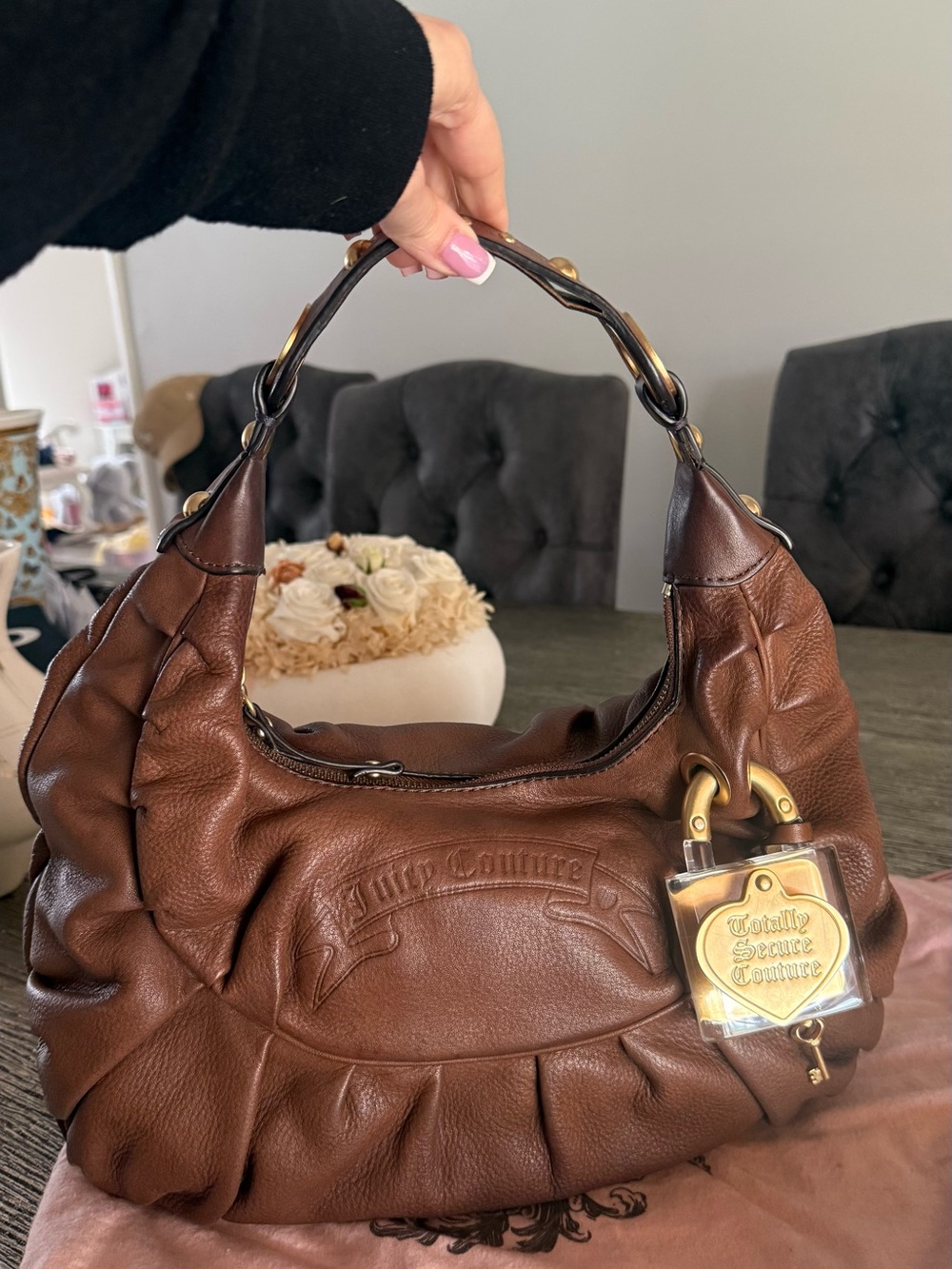 Juicy Couture Brown Leather Hobo Bag with Gold-Tone Lock